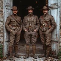Three soldiers from the First World War strike a confident pose with weapons in a vintage setting showcasing their uniforms and camaraderie during the 1910s. photo