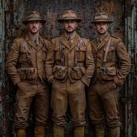 Three soldiers stand confidently dressed in uniforms from the First World War showcasing their weapons against a textured backdrop capturing a historical moment. photo
