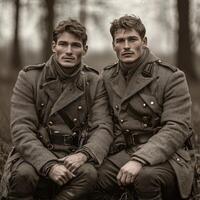 Two World War I soldiers sit closely together showcasing their weapons and uniforms embodying the spirit of the era amidst a nostalgic backdrop. photo