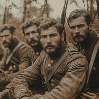 Four soldiers from the First World War are captured in a retro style posing confidently with their weapons amidst a natural backdrop evoking the valor of their time. photo