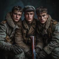 Three young soldiers from World War I are captured in a vintage portrait showcasing their weapons and uniforms embodying the spirit of the era amidst their shared experience. photo