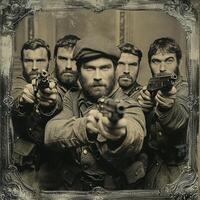 group of World War I soldiers pose confidently brandishing their firearms. Each soldiers fierce expression reflects the intensity of the era highlighting their bravery and camaraderie. photo