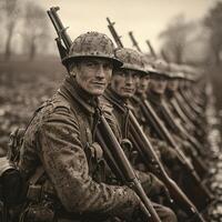 In a muddy field soldiers of the First World War stand in formation proudly holding their rifles. Their expressions reflect the grit and solidarity of their experiences during the conflict. photo
