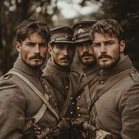 group of World War I soldiers poses confidently with their weapons showcasing their uniforms and serious expressions. This retro style capture emphasizes their camaraderie and strength. photo