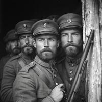 Soldiers from World War I stand together showcasing their weapons and uniforms as they pose for a newspaper embodying the spirit of bravery and unity during the Great War. photo