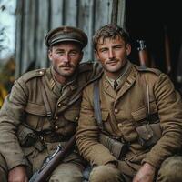 Two World War I soldiers sit together confidently posing with their rifles. Their vintage uniforms and expressions reflect the spirit of the era showcasing camaraderie during the war. photo