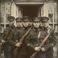 group of soldiers stands confidently each holding a rifle posed outside a building. The retro style highlights their uniforms reflecting the era of the First World War. photo