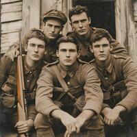 Five soldiers from World War I strike poses with their weapons reflecting the spirit of the time. This retro styled capture highlights their unity and determination. photo