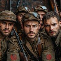 group of soldiers from World War I stands together holding their weapons while showcasing the rugged details of their uniforms. The image captures their serious expressions and camaraderie. photo