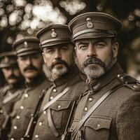 Dressed in period uniforms soldiers stand in formation with rifles conveying a sense of camaraderie and duty during World War I capturing a moment in history. photo