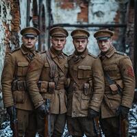 Four soldiers stand united with their weapons showcasing the camaraderie and resolve of troops in the First World War set against a striking backdrop of wartime ruins. photo