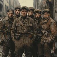group of World War I soldiers stands together in a gritty urban setting showcasing their weapons and camaraderie while capturing the spirit of the time. photo