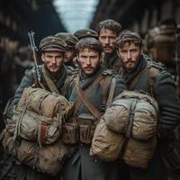 group of First World War soldiers stands confidently armed and ready showcasing their uniforms and equipment while highlighting the spirit of their era. photo