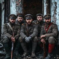 group of World War I soldiers sits with their rifles exuding determination and unity against a backdrop of war torn surroundings capturing a moment of solidarity. photo