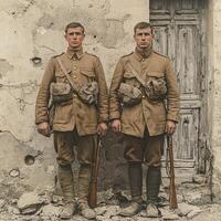 Two soldiers from World War I stand proudly in front of a weathered wall armed and dressed in period uniforms symbolizing their dedication and bravery. photo