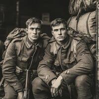 Two soldiers from World War I sit closely together holding their weapons as they pose for a newspaper in a retro style showcasing their determination and bravery. photo