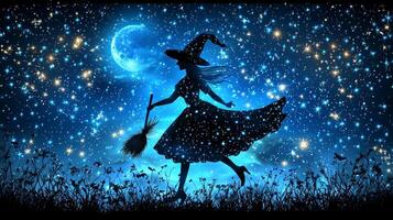 witch soars through the dark night sky on her broomstick surrounded by twinkling stars and a glowing moon capturing the magic of Halloween. photo