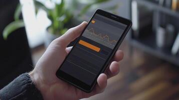 hand grips a smartphone featuring a cryptocurrency wallet application displaying market trends and data. The setting is modern and indoor highlighting the digital finance landscape. photo