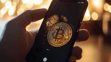 hand holds a smartphone displaying a Bitcoin wallet application against a backdrop of soft warm lighting. The device showcases a detailed digital interface for cryptocurrency management. photo