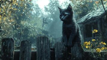 sleek black cat sits elegantly on an old wooden fence bathed in soft moonlight surrounded by the serene ambiance of a crisp autumn night. photo