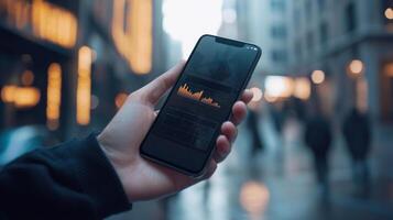 person is holding a smartphone displaying a cryptocurrency wallet app while surrounded by a lively urban setting at twilight. The screen shows detailed transaction data. photo