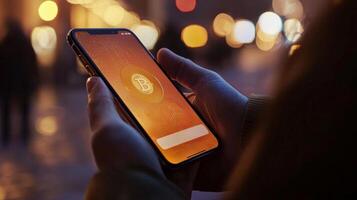 person is holding a smartphone that shows a digital wallet app for Bitcoin photo