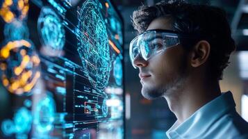 data scientist analyzes intricate algorithms on a holographic interface in a modern workspace reflecting advanced machine learning capabilities and innovations in data analysis. photo
