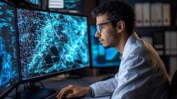 data scientist focuses intently on a holographic display showcasing complex algorithms and machine learning processes surrounded by advanced technology in a contemporary lab environment. photo