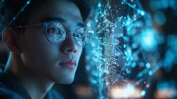 data scientist engages with advanced algorithms presented on a holographic display delving into intricate machine learning processes within a cutting edge laboratory environment. photo