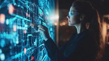 In a dimly lit office a data scientist analyzes complex algorithms displayed holographically engaging with advanced machine learning processes through interactive technology. photo