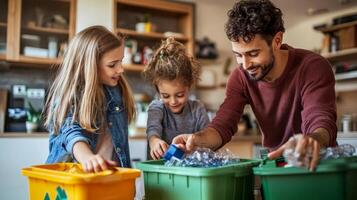 family is engaged in sorting recyclables into different bins at home teaching children the importance of recycling and teamwork in maintaining a clean environment. photo