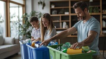 family sorts recyclables at home engaging in an educational activity while promoting eco friendly practices and sustainability together. photo