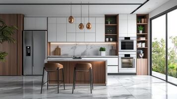 kitchen showcases modern design with a central hub connecting smart appliances. Natural light enhances the sleek finishes creating an inviting atmosphere. photo