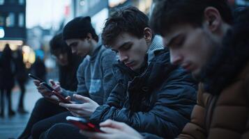 Five friends sit closely together in an urban area all absorbed in their smartphones revealing a mixture of emotions in the evening atmosphere. photo