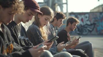 In an urban environment a group of friends sits together on a bench each absorbed in their smartphones reflecting diverse emotions as the day winds down. photo