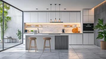 modern kitchen showcases a sleek design with smart appliances linked through a central hub enhancing functionality and aesthetic appeal in an open layout. photo