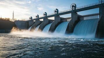 Water rushes through turbines at a modern hydroelectric dam during sunset harnessing renewable energy while creating a powerful visual effect of natures force. photo