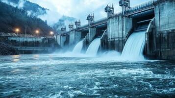 Water flows powerfully through turbines at a modern hydroelectric dam showcasing renewable energy production in a serene mountainous environment as evening approaches. photo