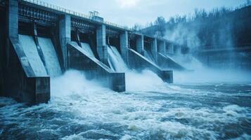 Water cascades through turbines at a modern hydroelectric dam efficiently harnessing renewable energy in a serene natural setting under a cloudy sky. photo