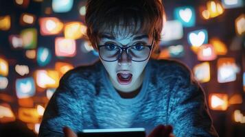 person is deeply engaged with their smartphone displaying a captivating range of emotions while reading social media updates in a dimly lit room highlighted by vibrant app icons. photo