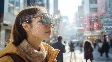 person explores a bustling city while using augmented reality glasses that overlay digital navigation and information onto their surroundings. photo