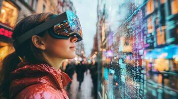 person wearing augmented reality glasses explores a vibrant city street engaging with digital information layered over their environment. The scene is lively and illuminated. photo