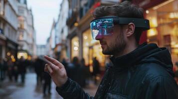 person explores a vibrant city street at dusk while wearing augmented reality glasses engaging with digital information overlaying their surroundings. photo
