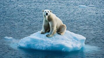 polar bear sits alone on a shrinking ice floe surrounded by open water illustrating the alarming impact of climate change on Arctic habitats and wildlife. photo
