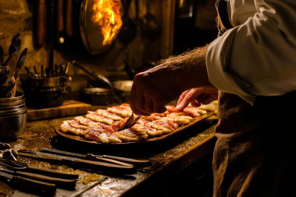 chef skillfully arranges food on a platter in a cozy kitchen filled with utensils illuminated by soft evening lighting highlighting culinary artistry.