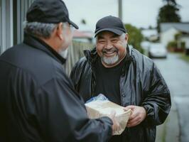 cheerful delivery person hands a food package to a homeowner at their doorstep showcasing a friendly interaction in a sunny suburban setting. photo