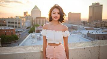 fashion influencer stands confidently on a rooftop her minimalist outfit drawing attention as the sunset bathes the city skyline in warm hues highlighting her individuality. photo
