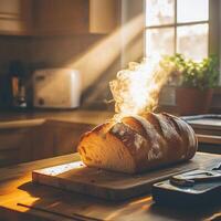 freshly baked artisan bread loaf sits on a wooden board releasing steam in a cozy kitchen. Natural light from a window enhances the warm atmosphere inviting a sense of comfort. photo