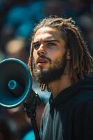 speaker passionately addresses an enthusiastic crowd using a megaphone capturing the emotions of supporters gathered around creating a powerful atmosphere. photo
