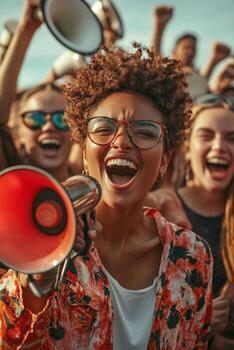 dynamic speaker passionately addresses a large crowd brandishing a megaphone and igniting emotions among supportive demonstrators showcasing unity and energy. photo